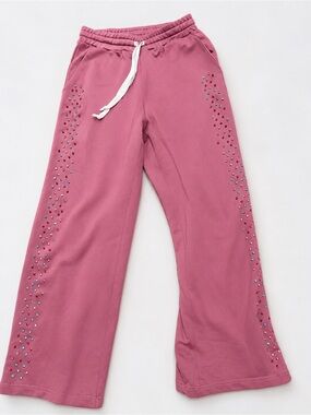 Rose Pink Rhinestone-Trim Wide-Leg Sweatpants